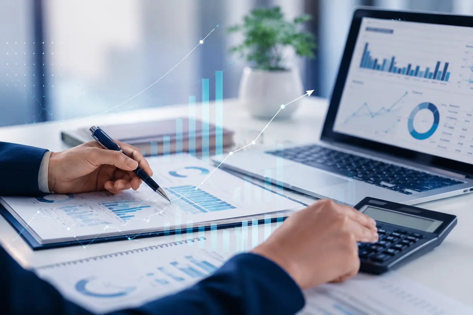 Profesional revisando documentos contables y reportes digitales